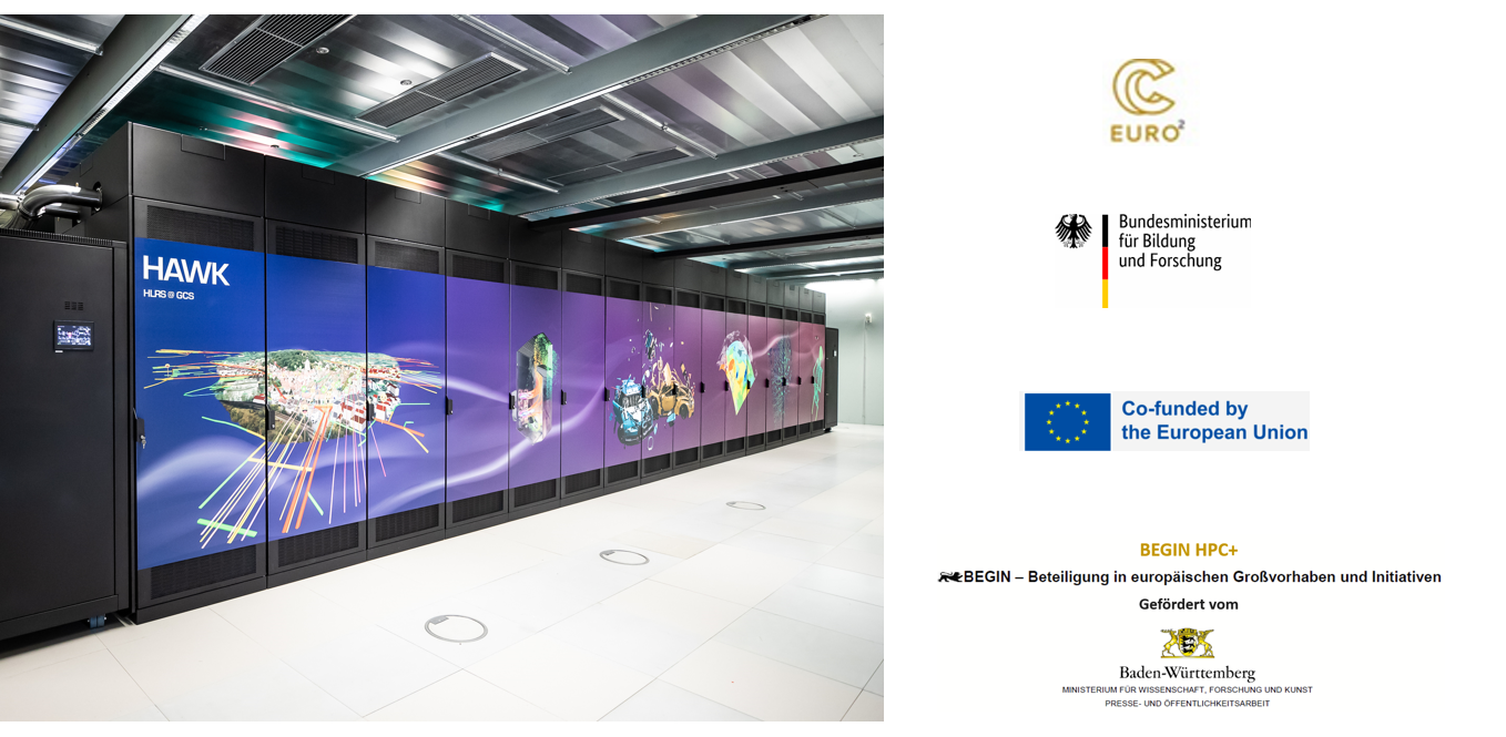 Photo of Hawk supercomputer and logos of project and funding agencies: EuroCC2, BMBF, EU, BEGIN HPC+, MWk BW