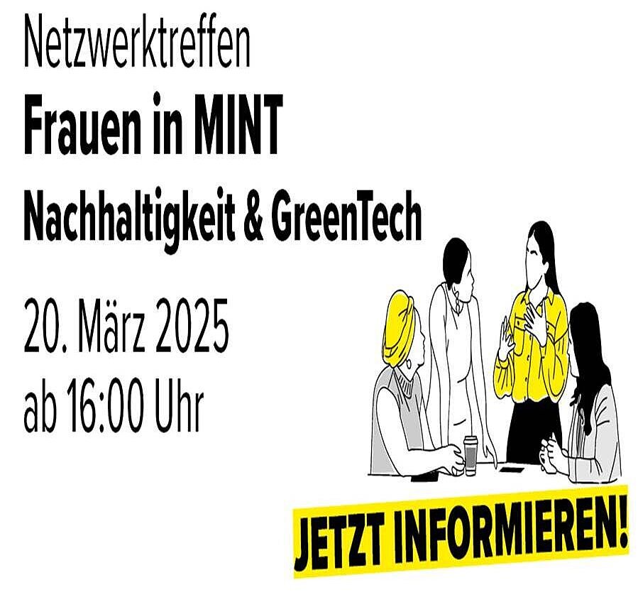 Banner zum Netzwerktreffen "Frauen in MINT" zeigt vier miteinander diskutierende Frauen