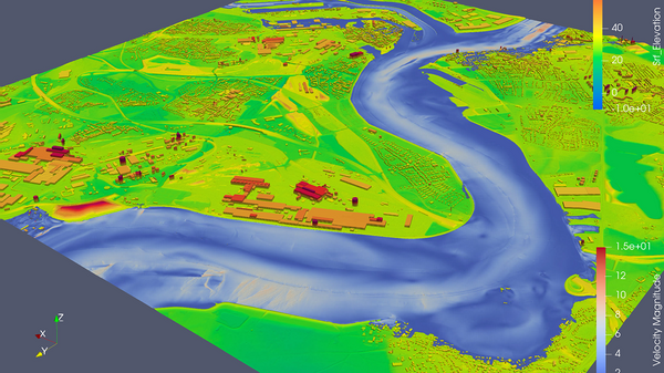 Visualisierung des Hochwassers entlang des Rheins in Duisburg